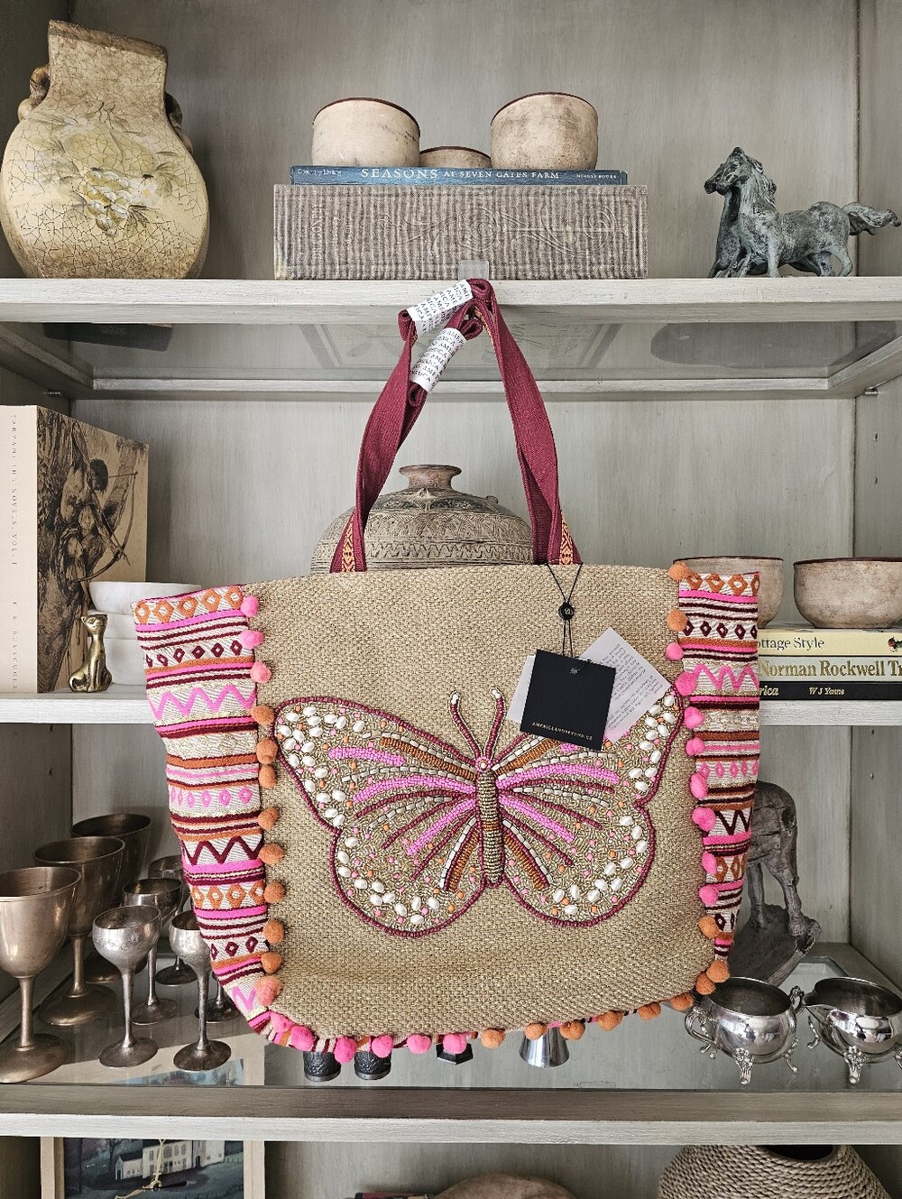 NWT America & Beyond Butterfly Pom Pom Nena Co Tote Vibe